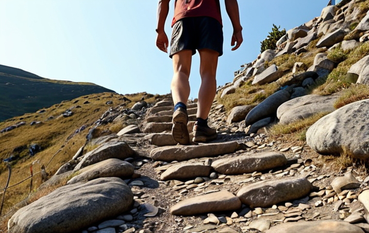 ** A person confidently walking on a rocky, uphill path, symbolizing overcoming challenges in life. Focus on determination and resilience.
**