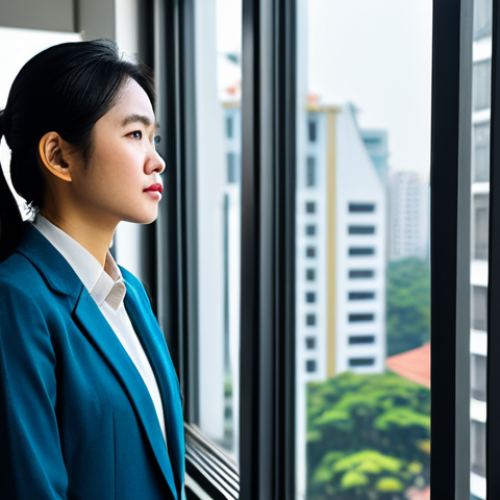 Home 14 A thoughtful young Vietnamese professional woman in her late 20s, dressed in a modest, contemporary business suit, stands by a large window in a modern, sunlit office in Hanoi. She is looking out, a sense of quiet determination on her face, reflecting on career challenges. The background shows a glimpse of a bustling, vibrant Vietnamese cityscape. safe for work, appropriate content, fully clothed, appropriate attire, perfect anatomy, correct proportions, natural pose, well-formed hands, proper finger count, natural body proportions, professional, family-friendly, high quality, highly detailed.