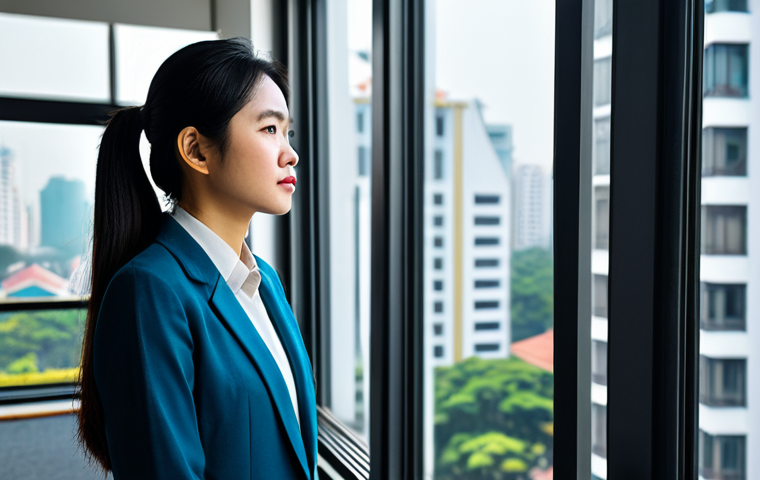 A thoughtful young Vietnamese professional woman in her late 20s, dressed in a modest, contemporary business suit, stands by a large window in a modern, sunlit office in Hanoi. She is looking out, a sense of quiet determination on her face, reflecting on career challenges. The background shows a glimpse of a bustling, vibrant Vietnamese cityscape. safe for work, appropriate content, fully clothed, appropriate attire, perfect anatomy, correct proportions, natural pose, well-formed hands, proper finger count, natural body proportions, professional, family-friendly, high quality, highly detailed.