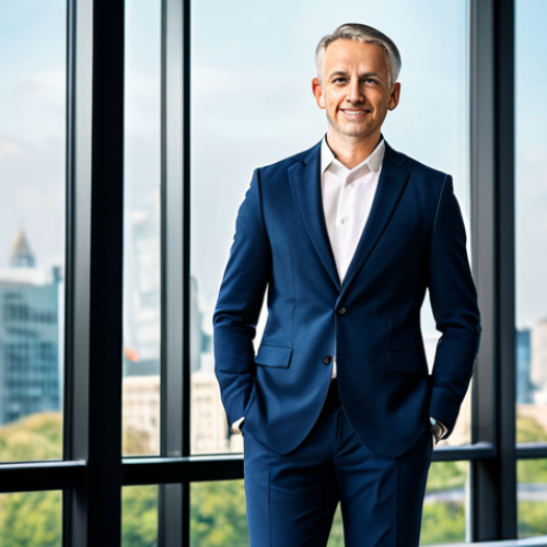 Home 7 A professional individual, fully clothed in a modest business blazer and smart trousers, standing confidently in a bright, modern office space with large windows showing a city skyline. They have a composed, resilient expression, subtly conveying inner strength and adaptation amidst a backdrop of abstract digital trends on a large screen. The scene is well-lit, professional photography style, high resolution, soft focus on the background. Safe for work, appropriate content, perfect anatomy, correct proportions, natural pose, well-formed hands, proper finger count, natural body proportions, professional, family-friendly.