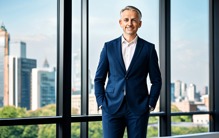 A professional individual, fully clothed in a modest business blazer and smart trousers, standing confidently in a bright, modern office space with large windows showing a city skyline. They have a composed, resilient expression, subtly conveying inner strength and adaptation amidst a backdrop of abstract digital trends on a large screen. The scene is well-lit, professional photography style, high resolution, soft focus on the background. Safe for work, appropriate content, perfect anatomy, correct proportions, natural pose, well-formed hands, proper finger count, natural body proportions, professional, family-friendly.