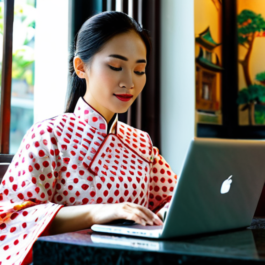 **
A successful Vietnamese businesswoman in a modern *ao dai* (traditional Vietnamese dress), fully clothed, modest, and appropriate attire, working on a laptop at a stylish cafe in Ho Chi Minh City. Sunlight streams through the window. Safe for work, perfect anatomy, natural pose, professional photograph, high quality, family-friendly content.
**