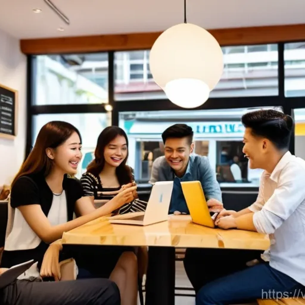 경력 회복탄력성 강화를 위한 자원 활용법 - **Networking in a Vietnamese Cafe Scene**
    "A vibrant scene inside a modern, stylish cafe in Dist...