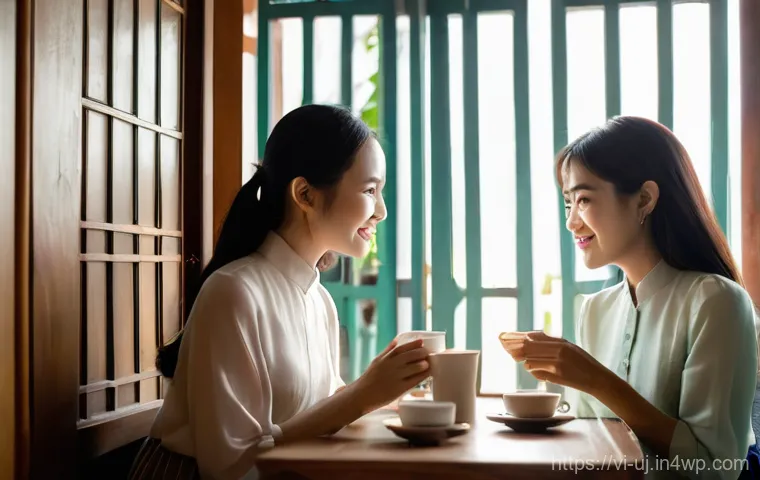 회복탄력성을 위한 의사소통 기술 - **Prompt:** A warm and inviting scene inside a modern Vietnamese cafe. Two young Vietnamese women ar...