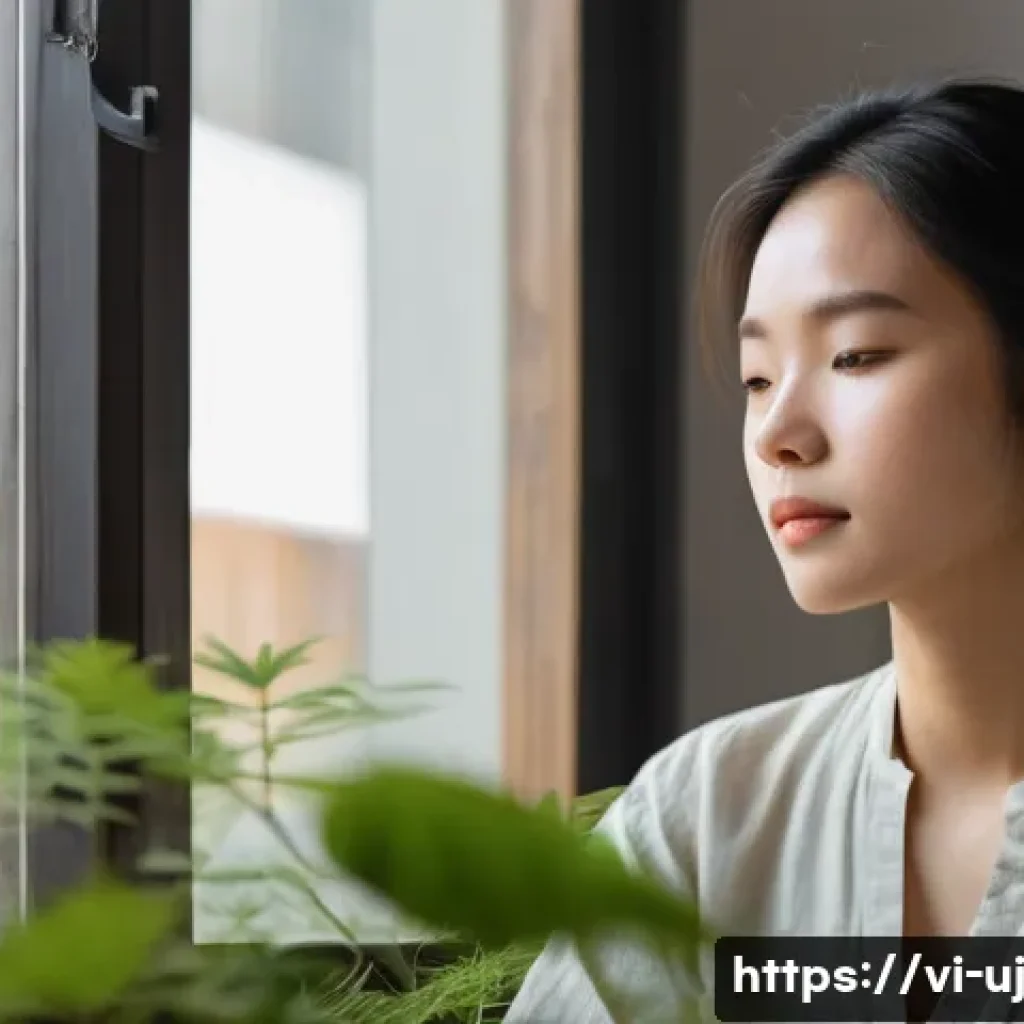 회복탄력성 강화를 위한 정서적 지능 - **Prompt 1: Inner Calm and Self-Discovery**
A serene illustration of a young Vietnamese woman, a...