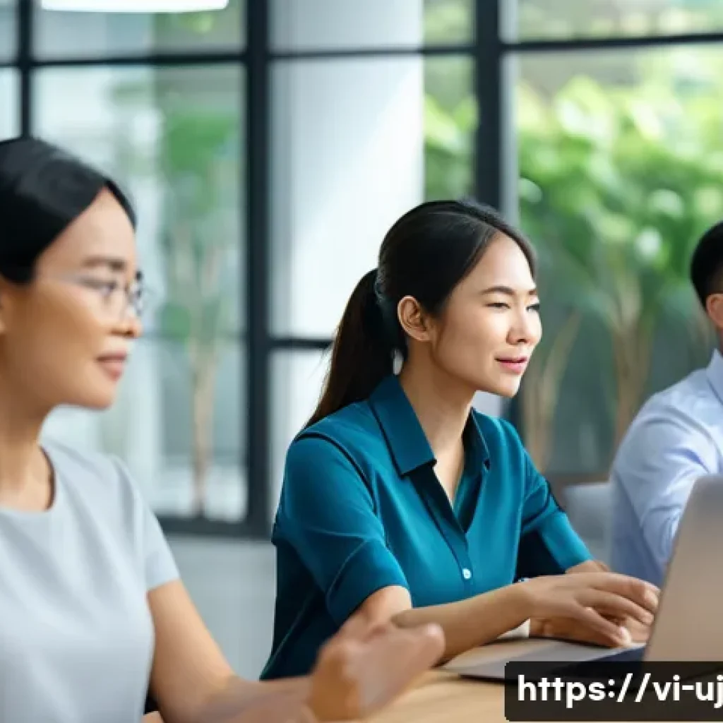 경력 회복탄력성 관련 최신 연구 동향 - A modern office scene showing a diverse group of professional Vietnamese employees engaged in a resi...