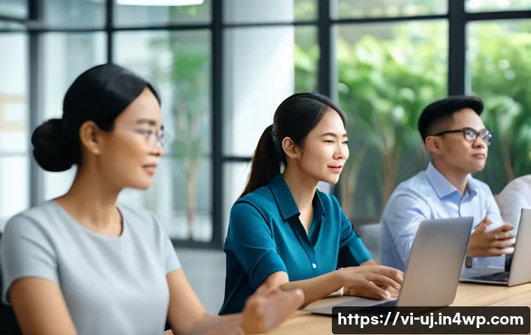 경력 회복탄력성 관련 최신 연구 동향 - A modern office scene showing a diverse group of professional Vietnamese employees engaged in a resi...