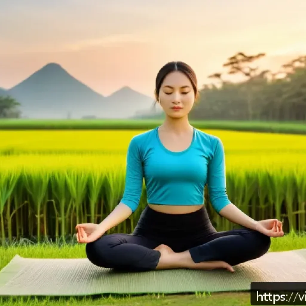 경력 회복탄력성에 대한 심리학적 접근 - A serene morning scene featuring a Vietnamese woman in comfortable, modest workout clothes practicin...