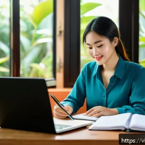 경력 회복탄력성을 위한 시간 관리 전략 - A modern Vietnamese home office scene featuring a young professional woman in smart casual attire, s...