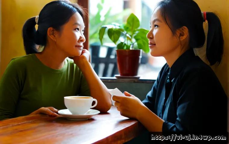 Home 17 회복탄력성 구축을 위한 대화 기술 - Photorealistic candid scene in a quiet Vietnamese café, a supportive middle-aged woman listening att...